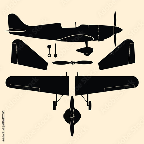 Silhouettes of a small propeller airplane and its detached parts arranged on a light background in black
