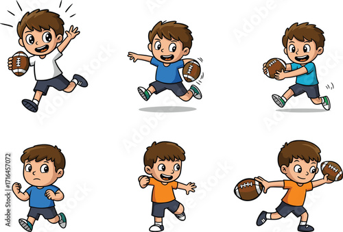 Cartoon boys playing rugby, children running with ball, sport activity illustration, energetic kids, outdoor exercise, fun game, teamwork, healthy lifestyle drawing