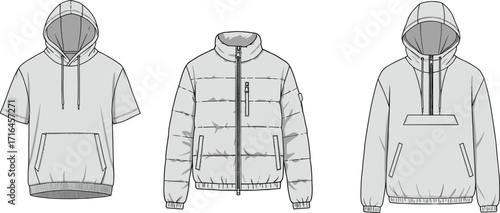 Collection of hoodie, puffer jacket, casual outerwear fashion templates, vector clothing design, unisex streetwear apparel, technical garment sketch for designers