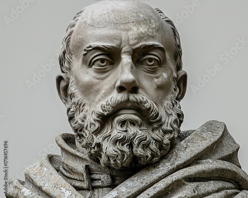 Close-up of a weathered stone statue bust of a man