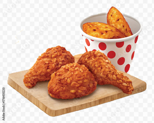 realistic 3d delicious fast food icons (fried chicken,  pizza slice , french fries ) set isolated on transparent background