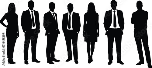 Business team silhouettes in formal attire, professional men and women standing together, corporate leadership, teamwork, office staff, success concept