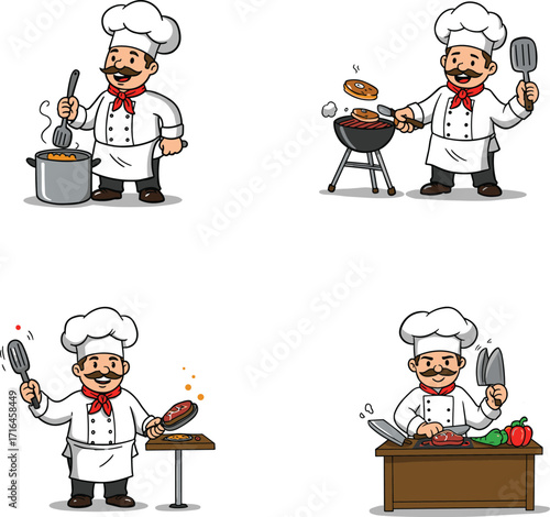 Cartoon chef cooking in kitchen, professional cook preparing food, restaurant cuisine, culinary character illustration, chef with utensils, happy cooking scene