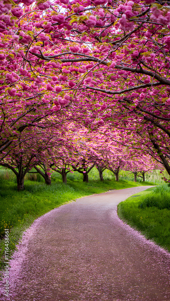 Naklejka premium Serene cherry blossom pathway blossoms abloom lush greenery springtime nature scenic beauty