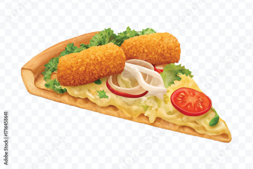 realistic 3d delicious fast food icons (fried chicken,  pizza slice , french fries ) set isolated on transparent background