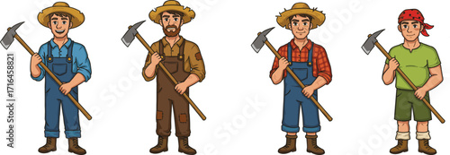 Cartoon farmer men with farming tools, agriculture worker characters, rural lifestyle illustration, traditional farming people, countryside workers vector design