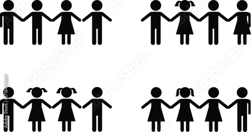 Silhouette children holding hands in groups, boys and girls together, teamwork unity diversity friendship support concept, community cooperation illustration design