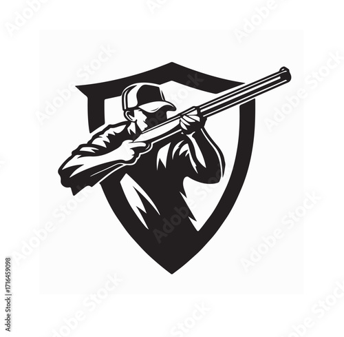 Shooting Sports Logo with Athlete in Shield Vector Design on white background