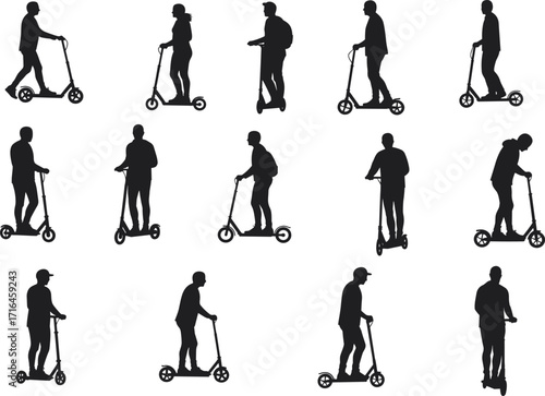 Black silhouette people riding electric scooter vector set urban lifestyle eco transport man woman commuters modern mobility city illustration