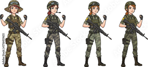 Cartoon female soldiers in military uniform, women army characters with rifles, combat gear illustration, armed forces, tactical fighter vector design