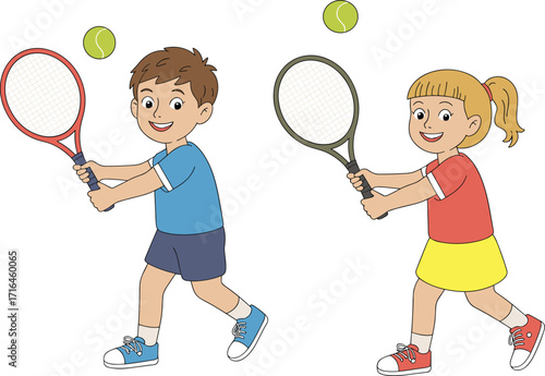 Cartoon boy and girl playing tennis together, cute children holding rackets, happy kids enjoying outdoor sport activity illustration with tennis balls