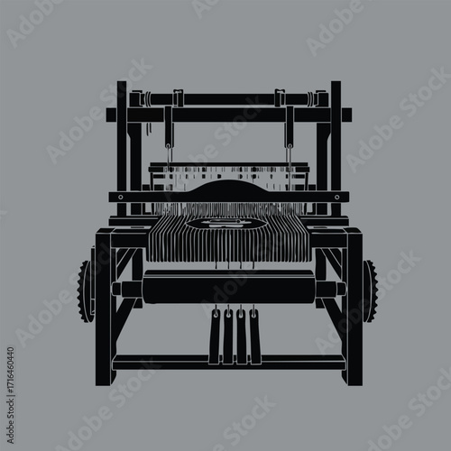 Front view of a traditional mechanical weaving loom used for textile production and fabric creation processes