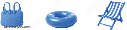 3d icons of a beach chair, swimming ring, and bag, in blue color on a white background, with a simple design