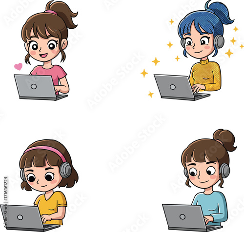Cartoon girls using laptops, online learning, remote work illustration, cute female characters with headphones studying, working, digital communication, technology lifestyle