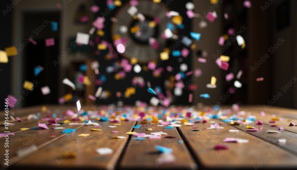 Fototapeta premium Colorful Confetti Falling on Wooden Table Celebrating Joyful Moments