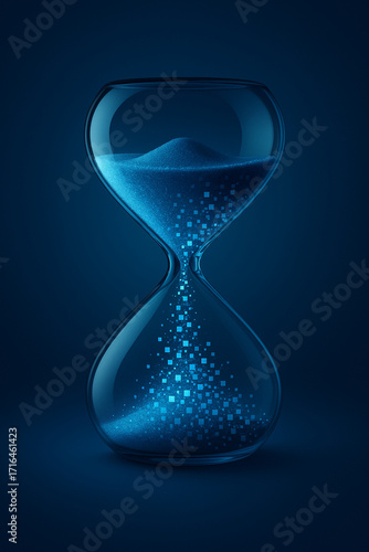 Hourglass with Blue Sand Transforming into Digital Pixels – Concept of Time and Technology