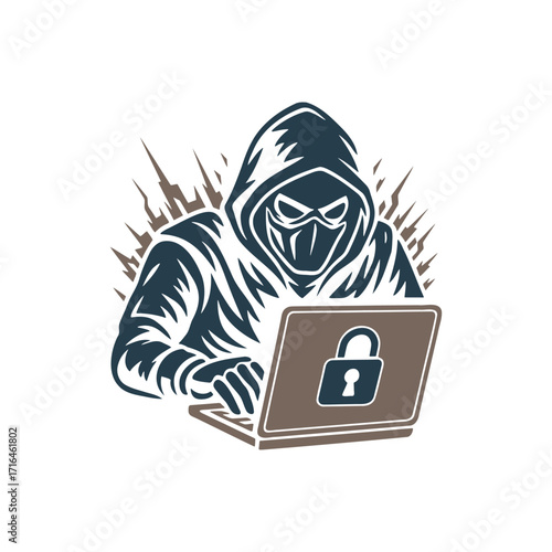 A hacker with a laptop, symbolizes cybersecurity threats and digital privacy concerns in a modern, stylized illustration.
