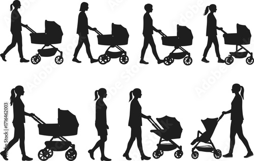 Silhouettes of women pushing baby strollers, walking with prams, modern pushchairs, parenting lifestyle, outdoor family activity, childcare, everyday motherhood