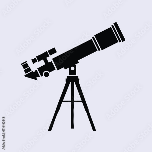Black silhouette of a telescope mounted on a tripod designed for astronomical observation and sky watching