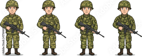 Cartoon male soldiers in green camouflage uniform, holding rifles, army military characters, defense illustration, tactical combat, training, war preparation, fighter