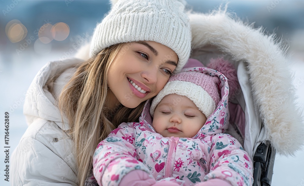 Obraz premium a mother, wearing white winter and holding her baby in a stroller, both dressed in colorful fur coats