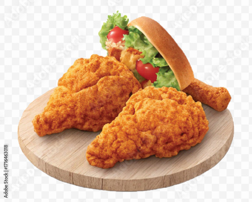 realistic 3d delicious fast food icons (fried chicken,  pizza slice , french fries ) set isolated on transparent background