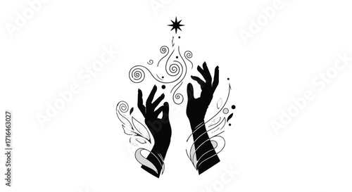 Reaching for the stars, hands embrace celestial magic and swirling energy