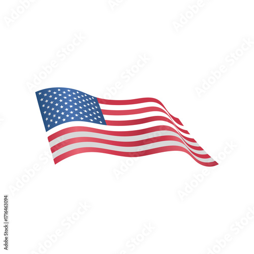 Waving American flag, patriotic symbol, national pride, flowing fabric.