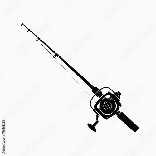 Black silhouette of a fishing rod with reel and line isolated on a plain white background in a minimalist style