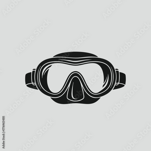 Black silhouette of a diving mask with a wide lens and adjustable strap on a plain light gray background