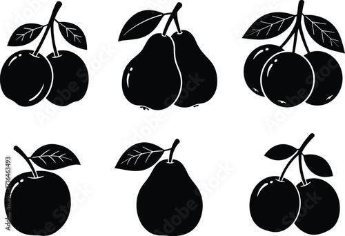 Fruit silhouette vector set with pears, cherries, and plums, simple fruit icons, healthy food clipart, organic fruit design illustration
