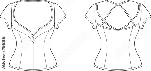 Fashion flat sketch illustration of women’s fitted top with deep V neckline and crisscross back straps, stylish apparel design