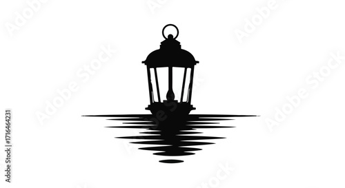 Vintage lantern casting a reflection on rippling water surface