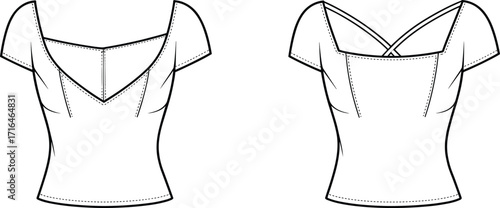 Fashion flat sketch of women’s top, short sleeve blouse with V neck and cross back design, technical drawing illustration