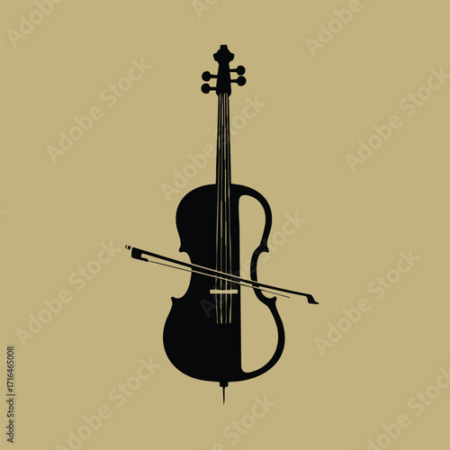 Black silhouette of a violin with bow on a plain beige background representing classical music and string instruments