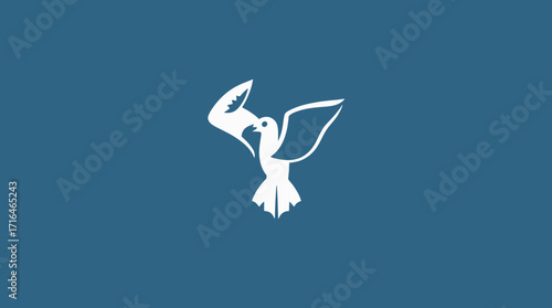 White dove with an open hand holding a branch, symbolizing peace, against a blue background.