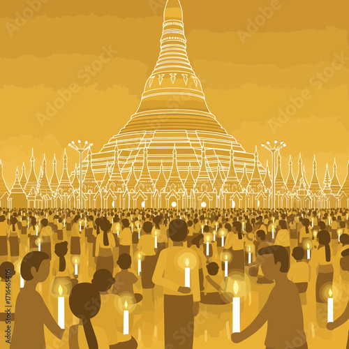 Crowd of people holding candles at night in front of a large temple