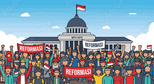 Crowd protesting in front of government building demanding reform, Indonesian flags waving
