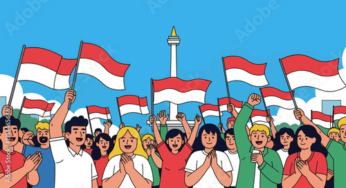 Diverse crowd celebrating with Indonesian flags and Monument in background