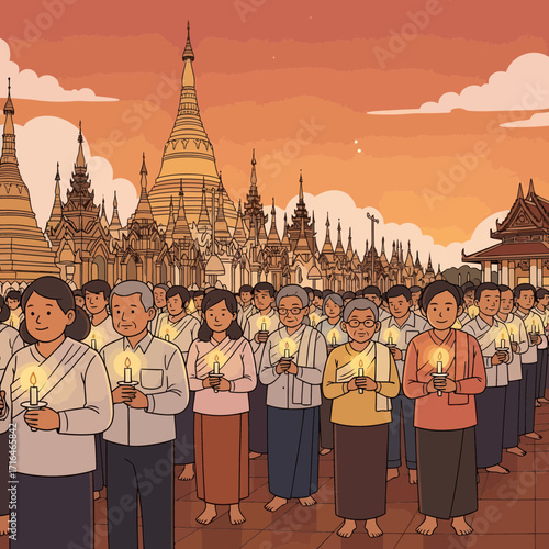 Diverse group of people holding candles during a religious procession at sunset