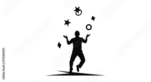 Silhouette of a person skillfully juggling multiple shapes against a white background