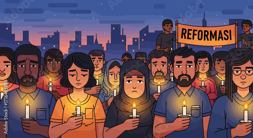 Diverse group of people holding candles in a vigil with city skyline at dusk