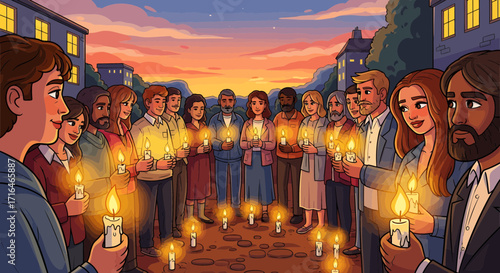 Diverse group holding candles at dusk ceremony, community unity and remembrance