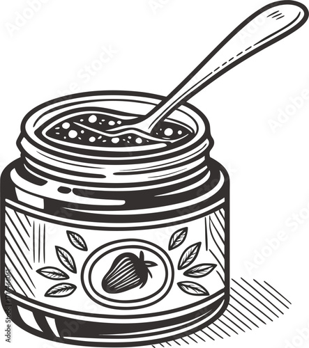 Jar of jam and butter with breakfast food and drink elements