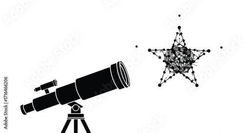 Telescope focuses on a complex, interconnected star structure, symbolizing discovery and the vastness of the universe.