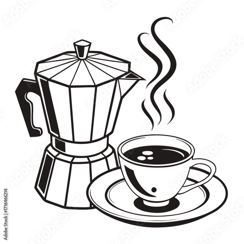 Coffee cup with roasted espresso beans on a brown wooden table, isolated on a white background
