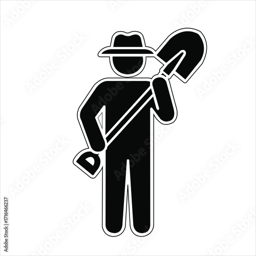 Silhouette of a treasure hunter with a shovel isolated on white background