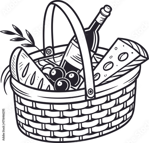 A vector illustration of an isolated wicker basket full of picnic food