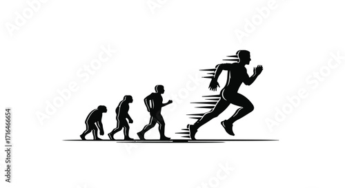 Human evolution depicted as a progression towards a modern runner, symbolizing progress and speed.