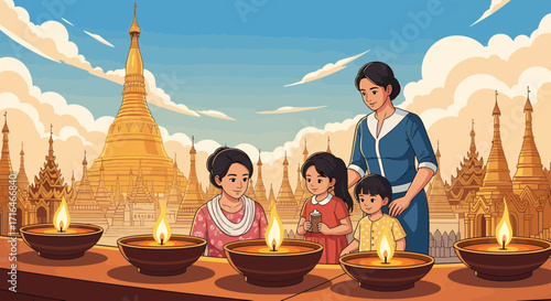 Family Lighting Oil Lamps at Golden Buddhist Pagodas during a Festival